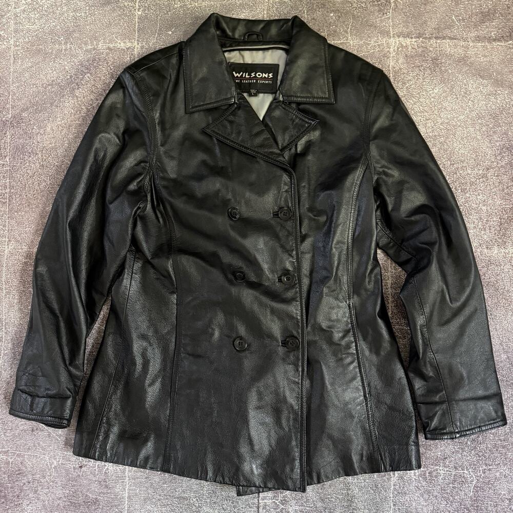 Women Vintage Y2K Wilsons Leather Black Double Breasted Indie Sleaze Jacket Sz L